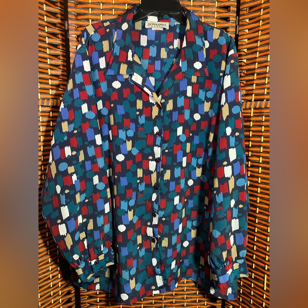 Vintage Donnkenny Woman Abstract Print Blouse Oversized Button Front Top